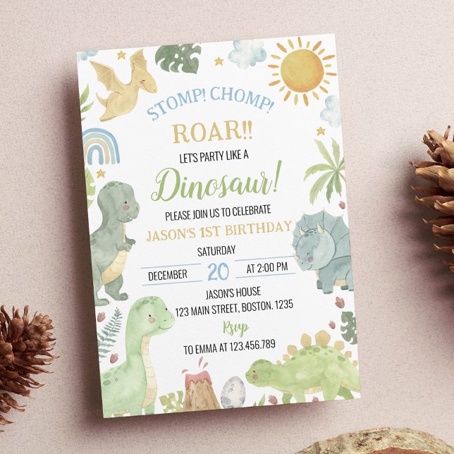 Dinosaurs Stomp Chomp Birthday Party Invitation (Creator Uploaded)
