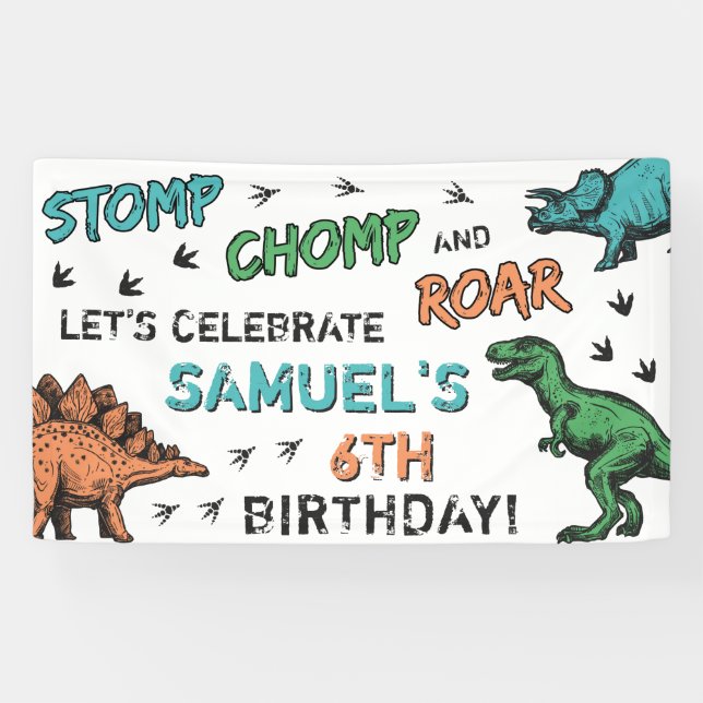 Dinosaurs Stomp Chomp Roar Birthday Party, Any Age Banner (Horizontal)