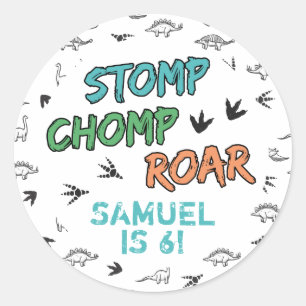 Dinosaurs Stomp Chomp Roar Birthday Party, Any Age Classic Round Sticker