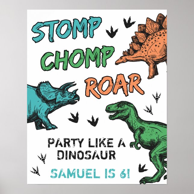 Dinosaurs Stomp Chomp Roar Birthday Party, Any Age Poster (Front)