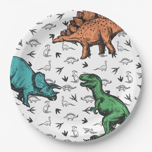 Dinosaurs Stomp Chomp Roar Birthday Party Pattern Paper Plate (Front)