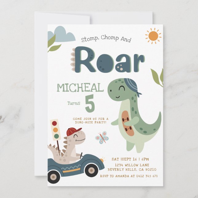 Dinosaurs Stomp Chomp Roar Boy Birthday Invitation (Front)