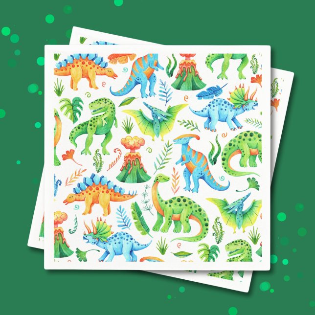 Dinosaurs T rex, Stegosaurus, Brontosaurus Boys Napkin (Watercolor Dinosaurs Green, Orange, Blue Napkins)