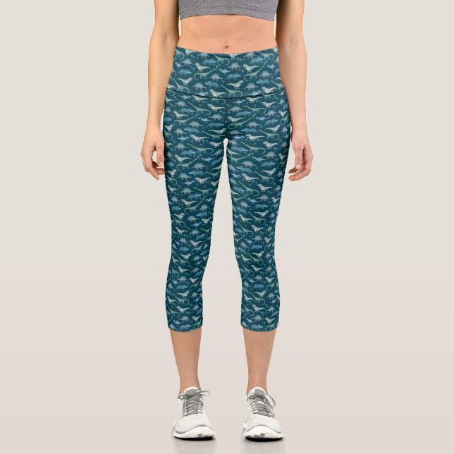 Dinosaurs Teal Green Pattern Capri Leggings (Front)