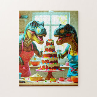 Dinosaurs Teaming up to Bake a Cake Jigsaw Puzzle