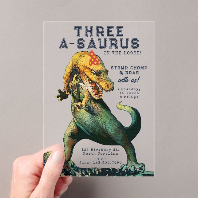 Dinosaurs Tyrannosaurus Rex Vintage Birthday Party Acrylic Invitations (Insitu (Handheld))