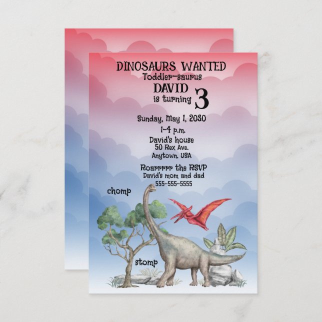 Dinosaurs Wanted Toddler Birthday Invitation (Front/Back)