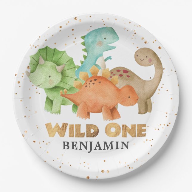Dinosaurs Wild One Jurassic 1st Birthday Paper Pla Paper Plate (Front)