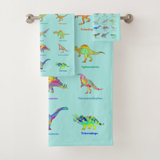 Dinosaurs with names Colourful Pattern Teal Bath Towel Set (Insitu)