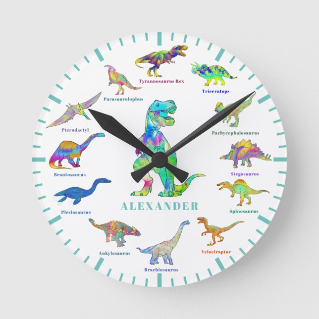 Dinosaurs with names colourful Personalised Teal Round Clock (Front)