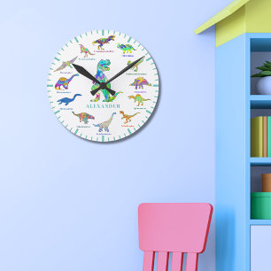 Dinosaurs with names colourful Personalised Teal Round Clock