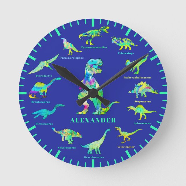 Dinosaurs with names Personalised blue green Round Clock (Front)