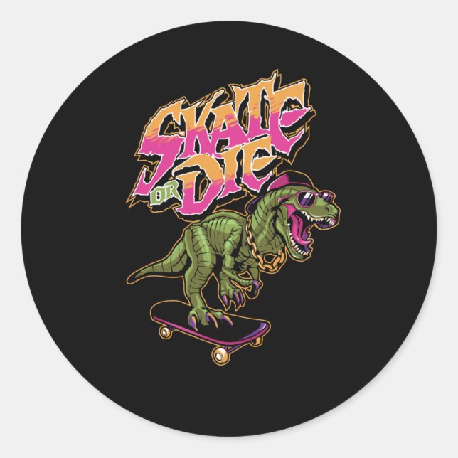Dinosaurs with Skateboard Classic Round Sticker (Front)