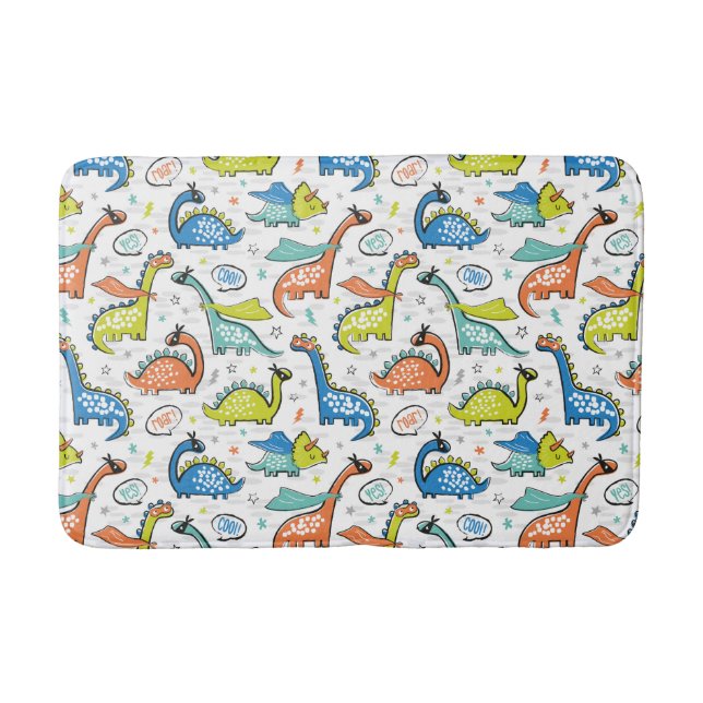 Dinosaurs with superhero masks, capes bath mat (Front)