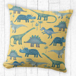 Dinosaurs Yellow Cushion<br><div class="desc">Painting of blue dinosaurs,  Tyrannosaurus rex,  Spinosaurus,  Stegosaurus,  Diplodocus and Triceratops on a sunshine yellow background. Eek!</div>