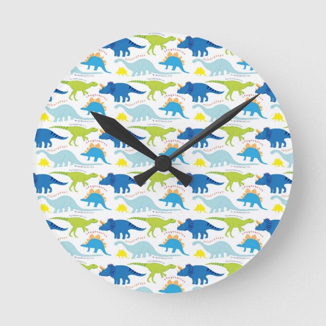Dinosuar Designs Blue and Green Pattern Dino Gifts Round Clock (Front)