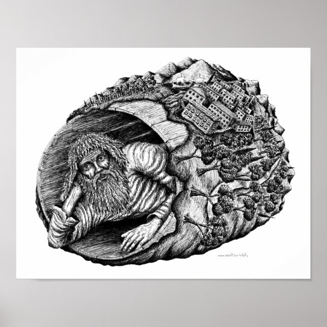 Diogenes surreal pen ink black and white drawing poster (Front)