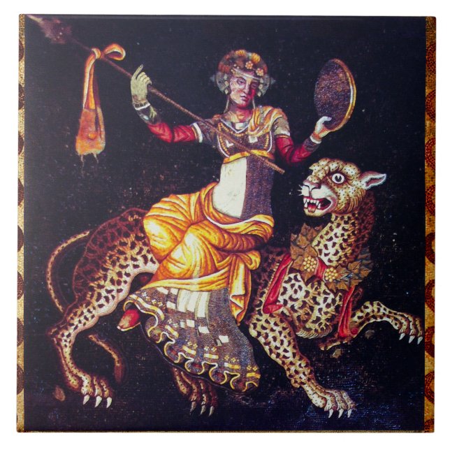 DIONYSOS WITH A SPEAR RIDING LEOPARD Greek Mosaic  Ceramic Tile (Front)