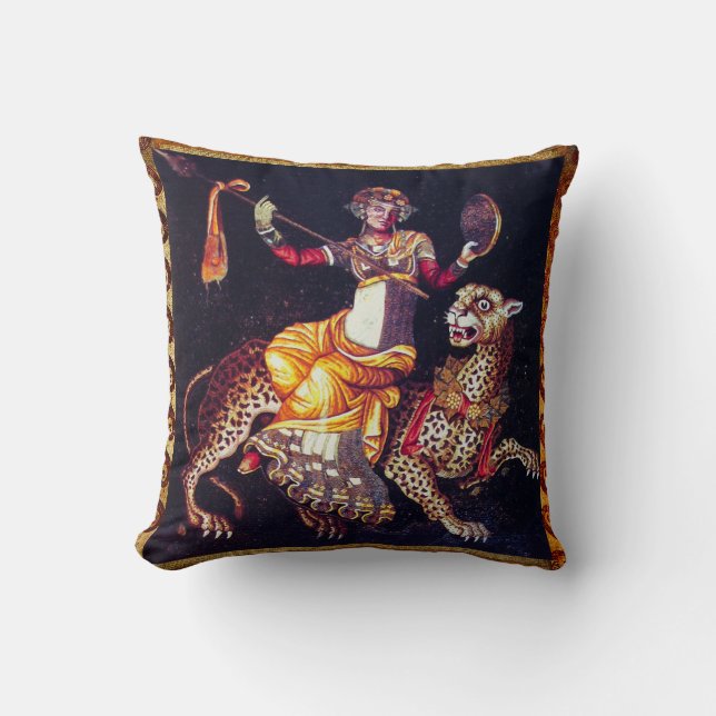 DIONYSOS WITH A SPEAR RIDING LEOPARD Greek Mosaic Cushion (Front)