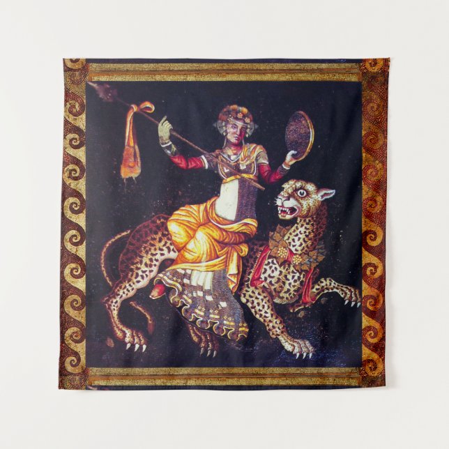 DIONYSOS WITH A SPEAR RIDING LEOPARD Greek Mosaic  Tapestry (Front)