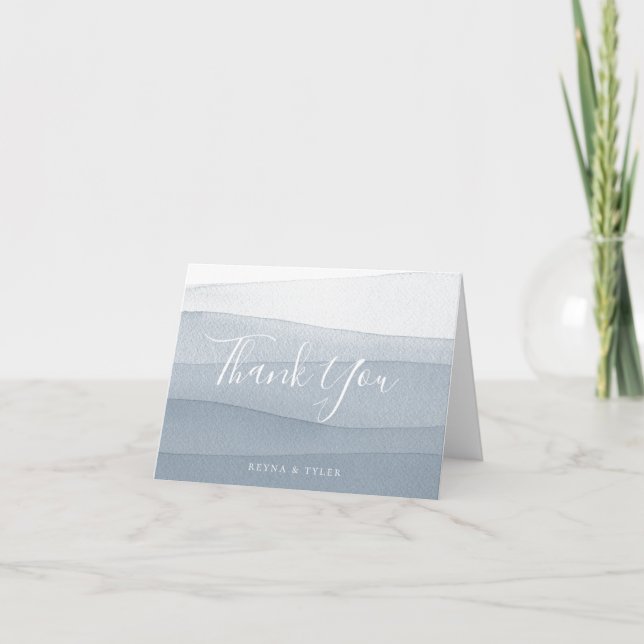 Dip Dye Blue Watercolor Wedding Thank You Card (Front)