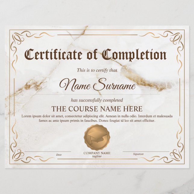 Diploma Certificate of Completion Award Course  (Front)