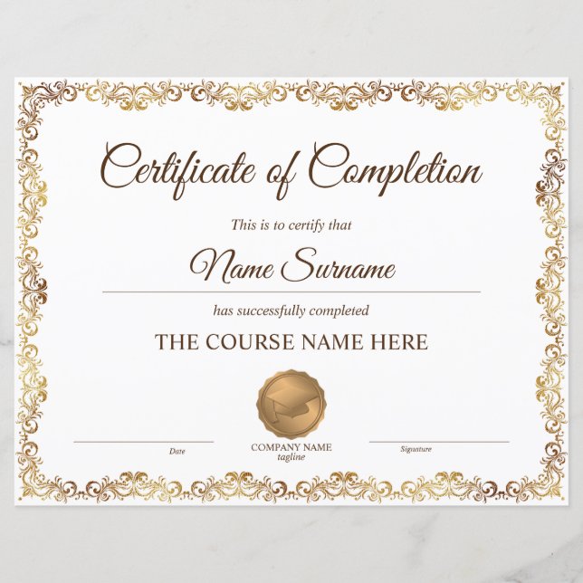 Diploma Certificate of Completion Award Course  (Front)