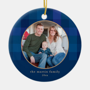 Dipped Plaid Blue Photo Christmas Ceramic Ornament