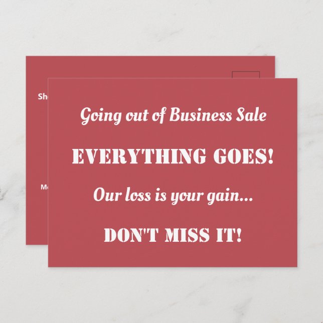 Direct Mail Going Out of Business Sale Advertising Postcard (Front/Back)