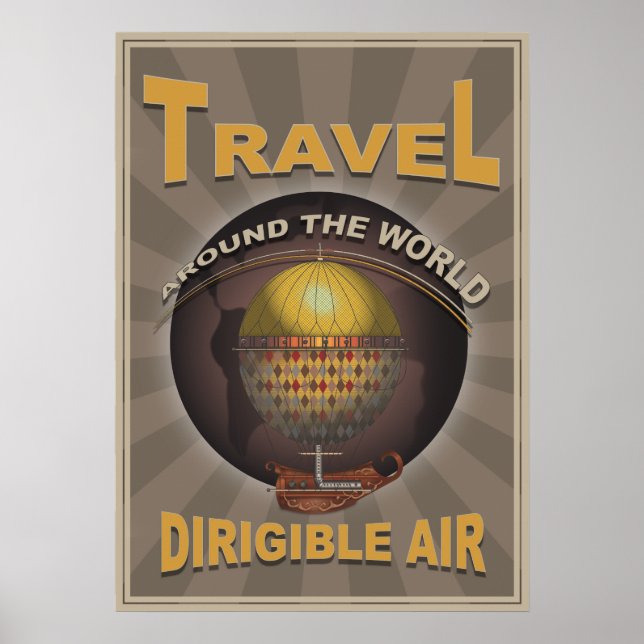 Dirigible Air Steampunk Vintage World Travel Poster (Front)