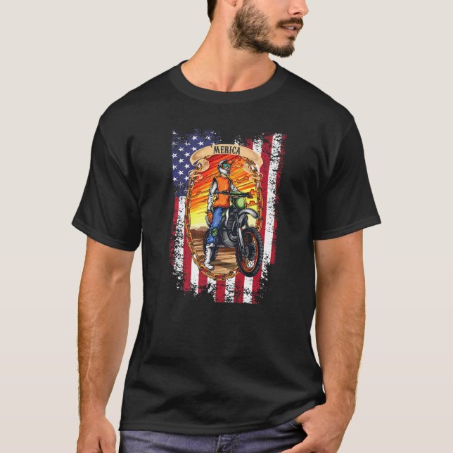 Dirt Bike American Flag Biker Motorcycle Usa 4th O T-Shirt (Front)