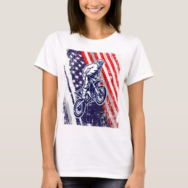 Dirt Bike American Flag Motocross Biker 4th of Jul T-Shirt (Front)
