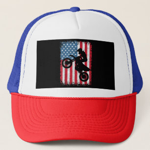 Dirt Bike American Flag Motocross Biker Men Boys V Trucker Hat