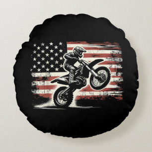 Dirt Bike American Flag Motocross Biker Vintage US Round Cushion