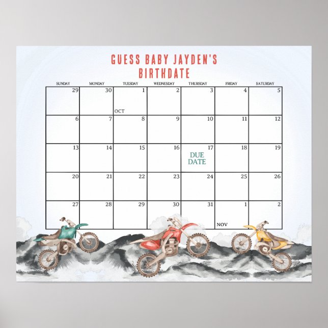 Dirt Bike Baby Shower Guess the Due Date Poster (Front)