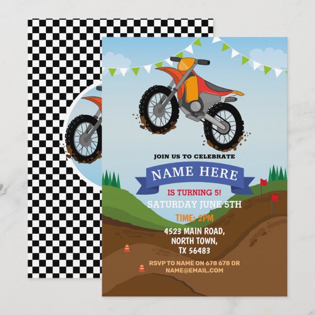 Dirt Bike Birthday Invitation Riding Mud Fun Track (Front/Back)