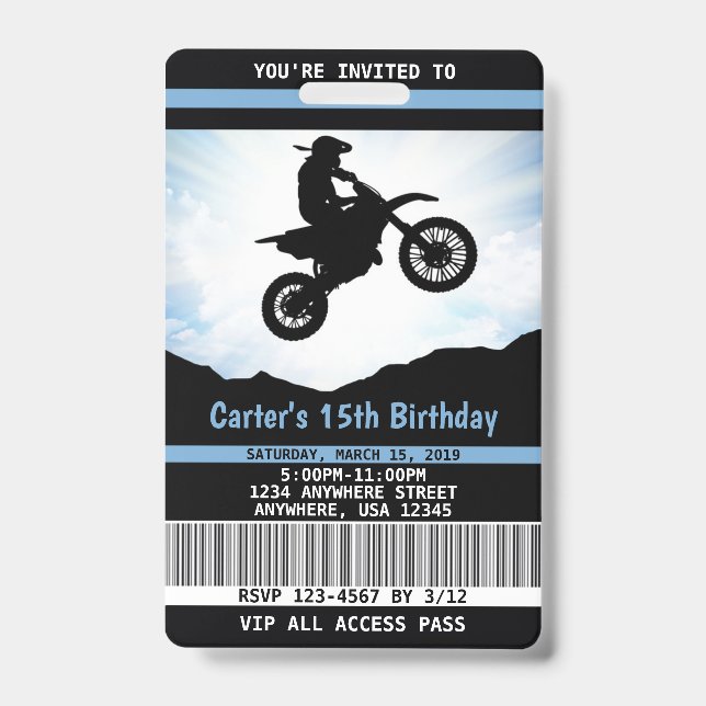 Dirt Bike Birthday Invitation VIP Pass ID Badge (Front)