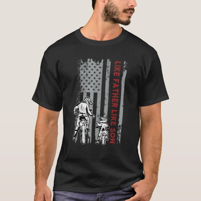 Dirt Bike Dad and Son, Motocross Friend US Flag, F T-Shirt (Front)