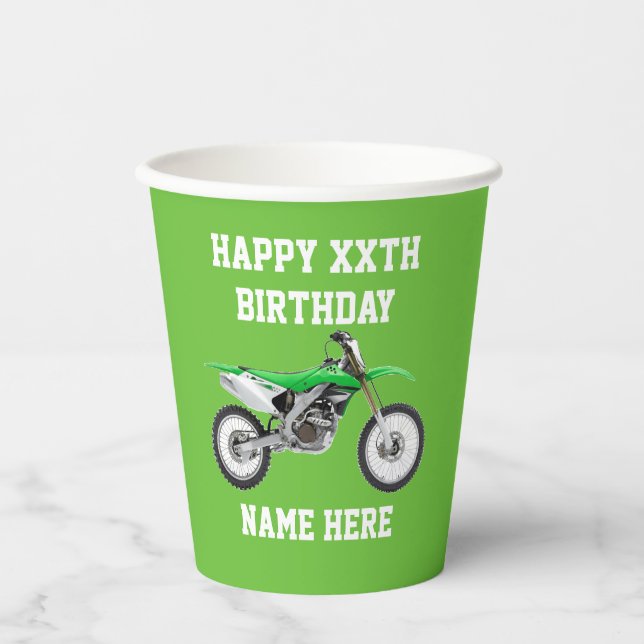 Dirt Bike Green Birthday Motor Sport Racing Paper Cups (Front)
