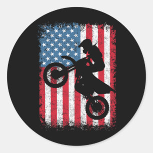 Dirt Bike Motocross Biker American Flag 4th Of Jul Classic Round Sticker