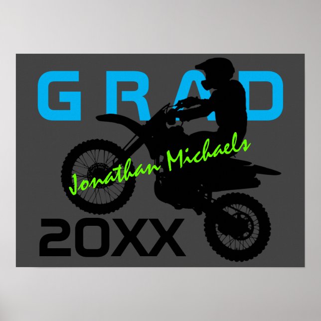 Dirt Bike Motocross Blue Green Grey Graduation Poster (Front)