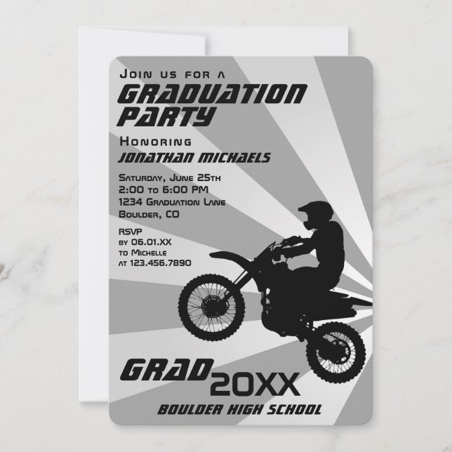 Dirt Bike Motocross Retro Sunburst Graduation Invitation (Front)