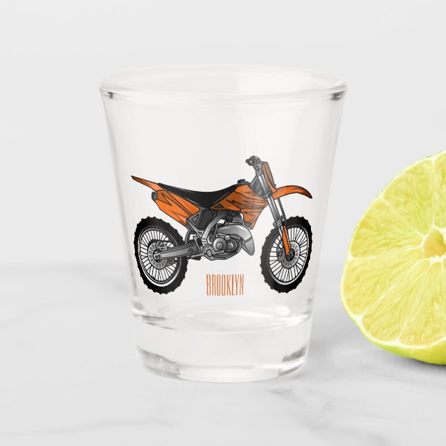 Dirt bike off-road motorcycle / motocross cartoon  shot glass (Front)