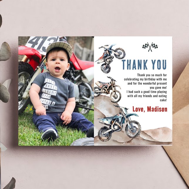 Dirt Bike Race Boy Birthday Photo Thank You Card (Creator Uploaded)