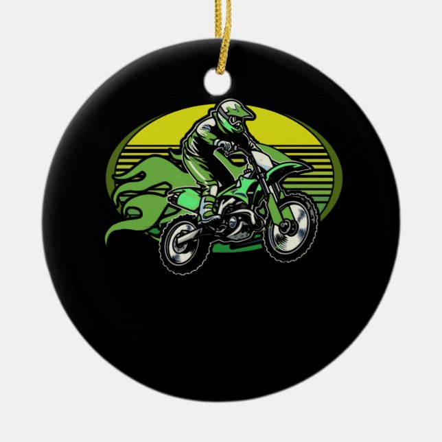 Dirt Bike Rider Tire Tracks Neon Green Youth Ceramic Ornament (Front)