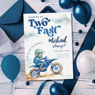 Dirt Bike Two Fast Green Blue Birthday Invitation