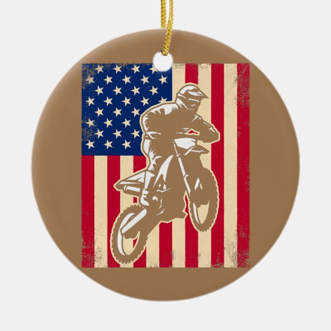 Dirt Bike USA Flag American Flag Motocross  Ceramic Ornament (Front)