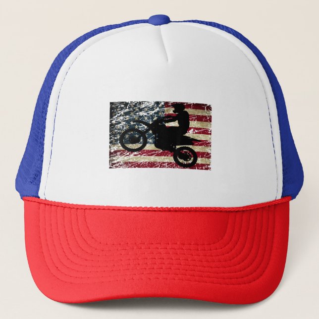 Dirt Bike USA Flag T-Shirt Motocross American Flag Trucker Hat (Front)