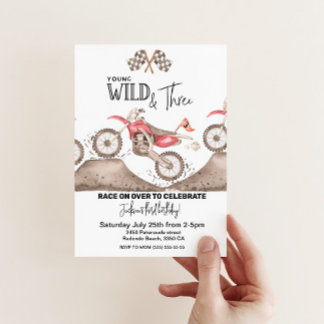 Dirt Bike Young Wild and Three birthday invitation