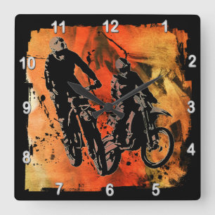 Dirtbiker Duo Red and Orange Grunge Square Wall Clock